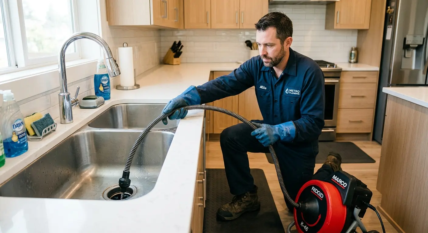 Drain cleaning technician using a motorized snake on a kitchen sink in Floyds Knobs