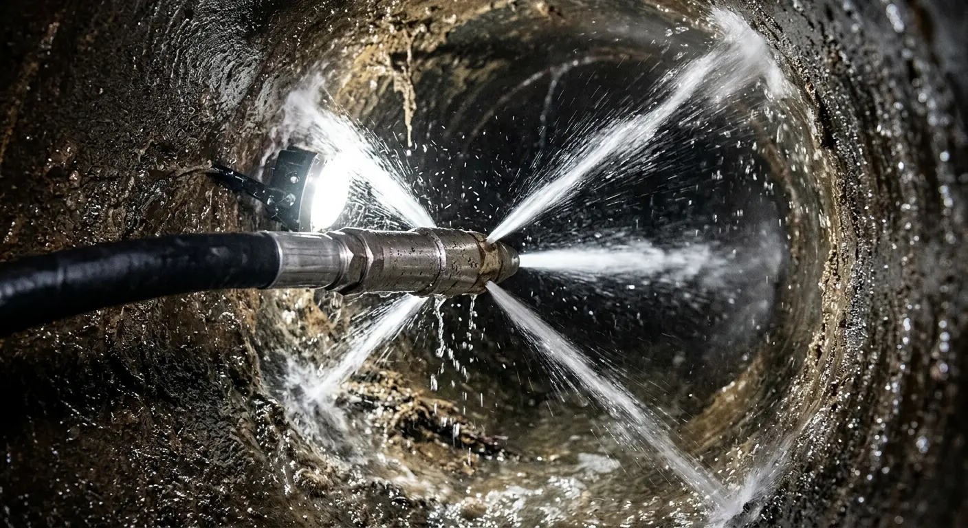 High-pressure hydro jetting nozzle cleaning sewer pipe for Emergency Drain Service in Floyds Knobs