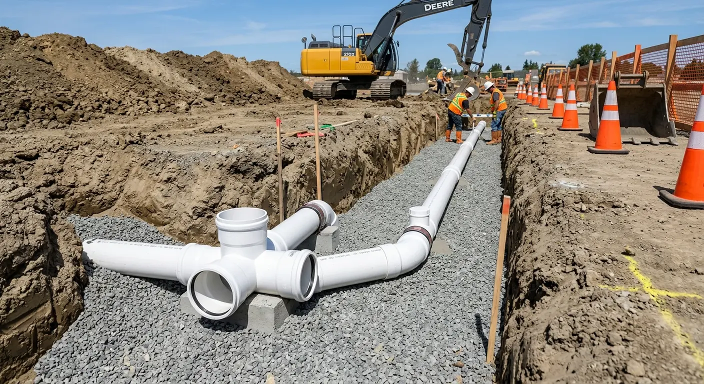New PVC sewer pipe installation in open trench for Sewer Camera Inspection in Floyds Knobs