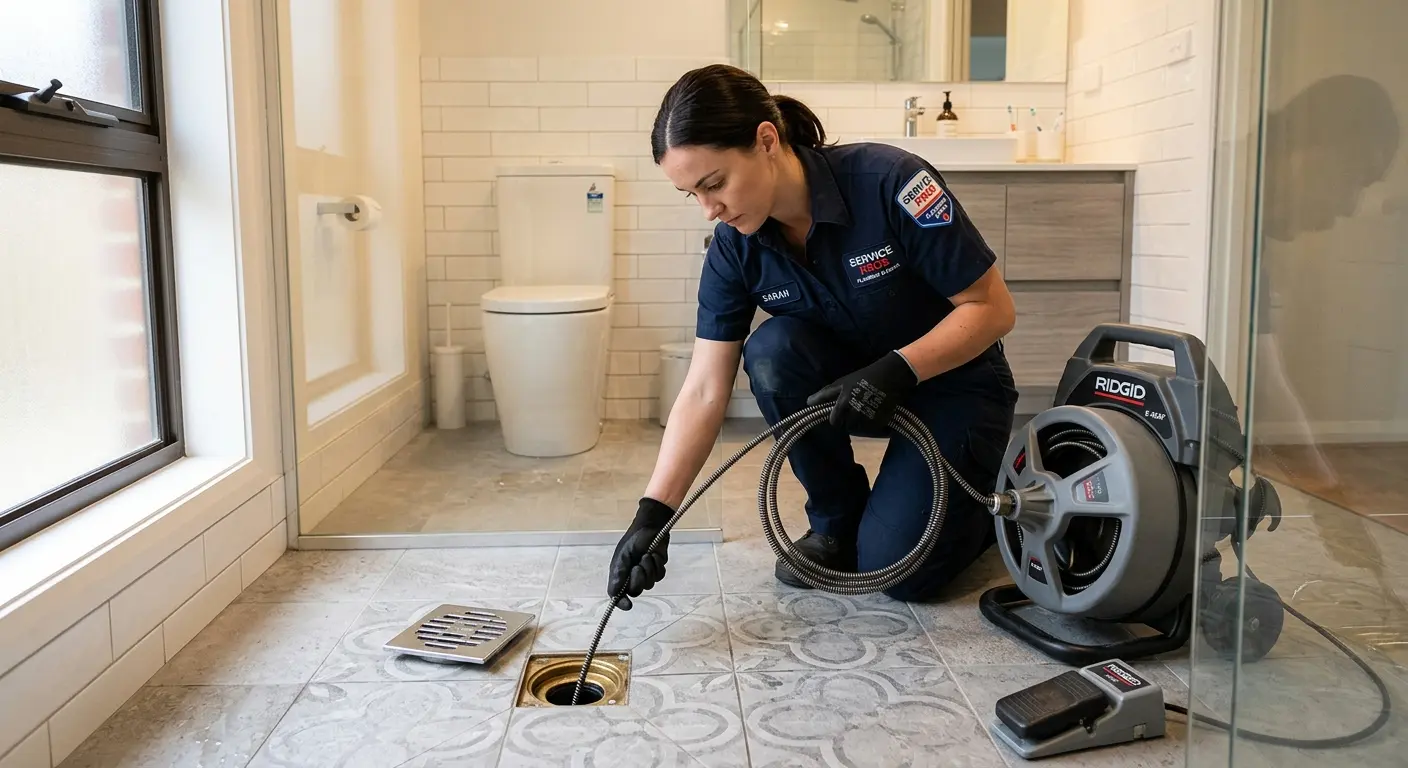 Technician clearing a bathroom floor drain for Drain Repair in Floyds Knobs